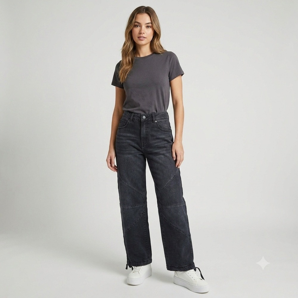 Madden NYC Jeans Women Size 4 Black Paneled Straight Leg Ankle Tie Denim